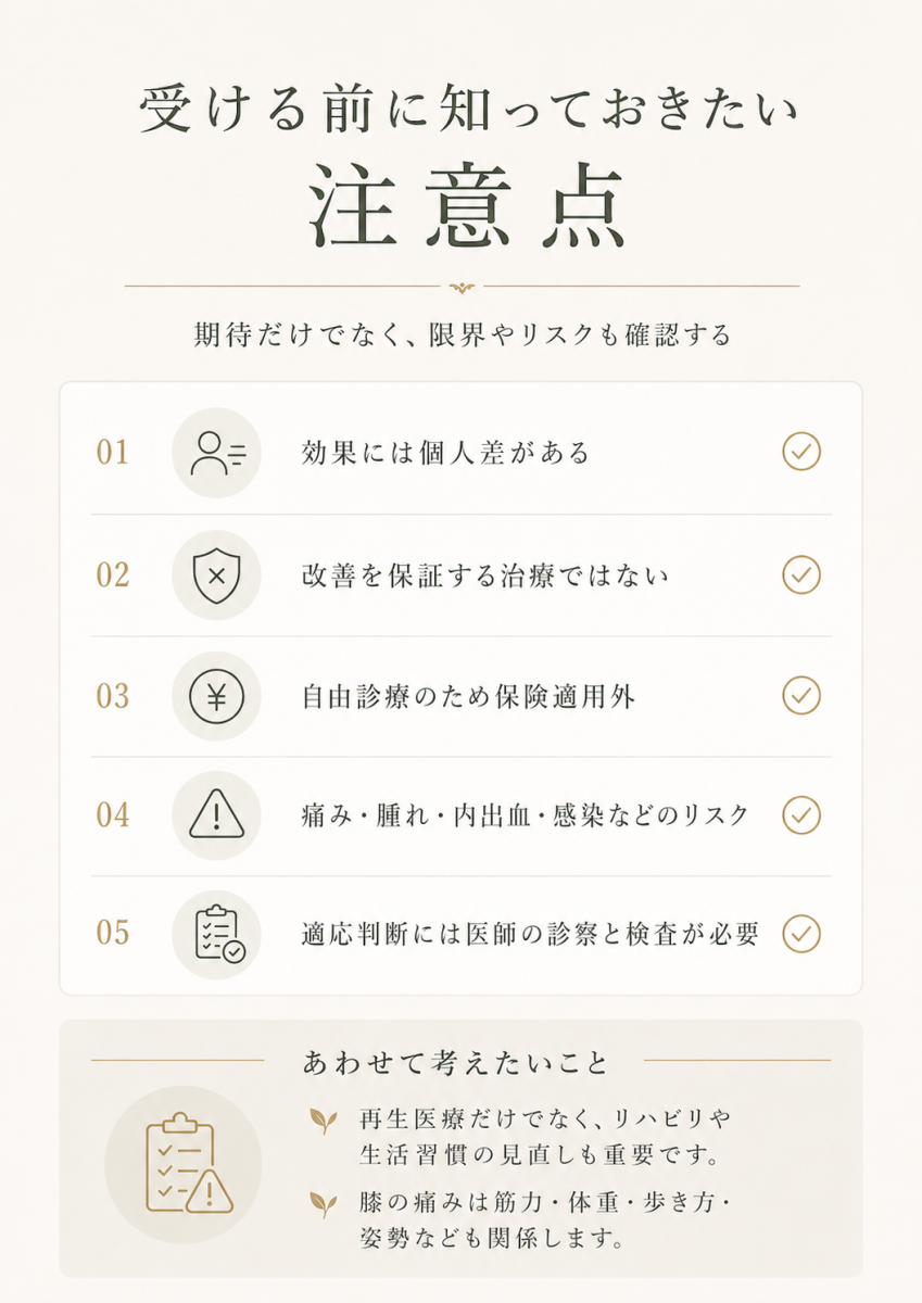 膝関節への再生医療を受ける前に、効果の個人差、改善保証ではないこと、自由診療、リスク、医師の診察と検査の必要性を整理した図解