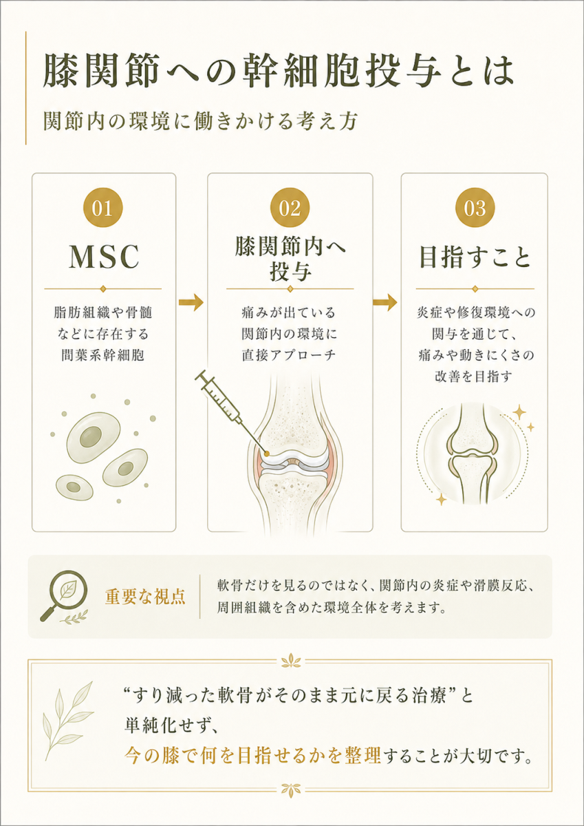 膝の幹細胞治療で期待される炎症環境への働きかけ、痛みの軽減、こわばりや動きにくさの改善、日常生活のしやすさを整理した図解