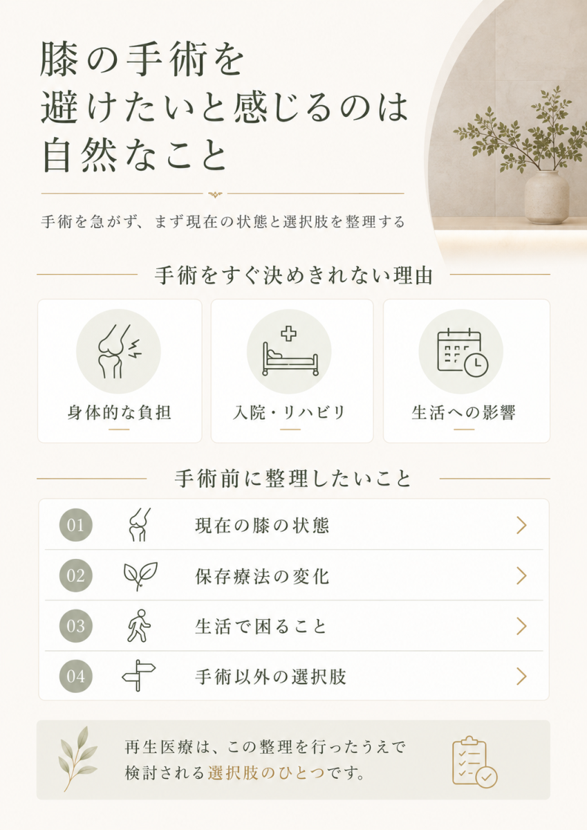 膝の手術をすぐ決めきれない理由として、身体的負担、入院やリハビリ、生活への影響、手術前に整理したい項目をまとめた図解