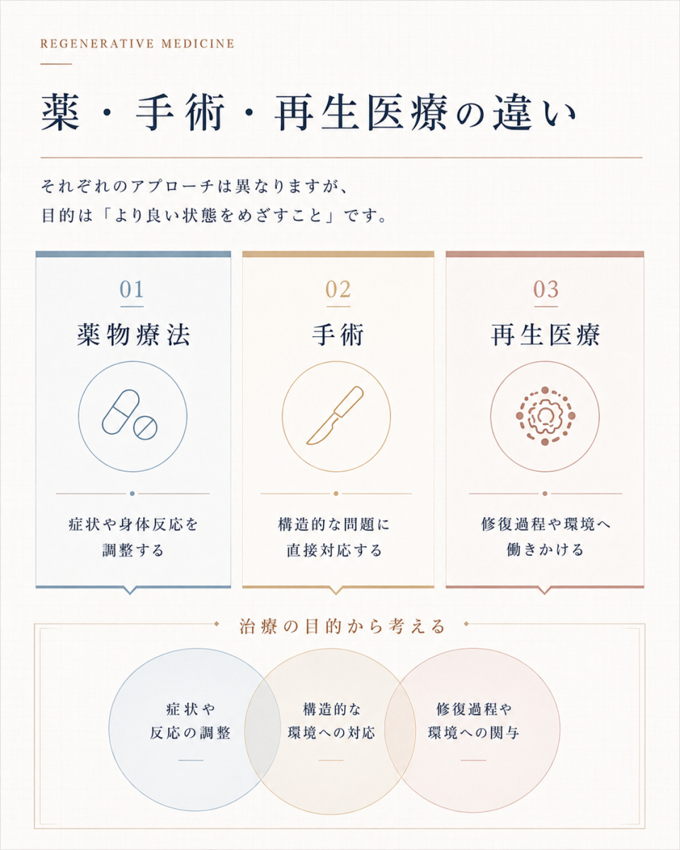 薬物療法、手術、再生医療の違いを、身体への働きかけ方と治療目的から比較した図解