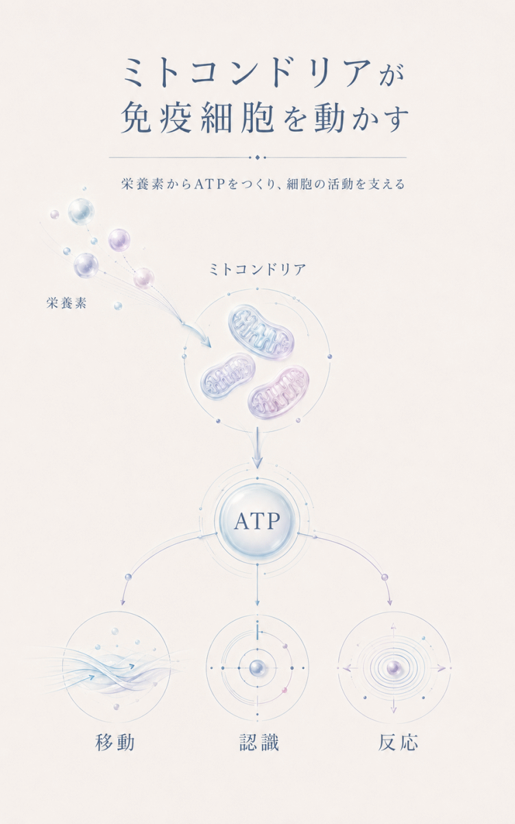 ミトコンドリアが栄養素からATPをつくり、免疫細胞の移動・認識・反応を支える流れを示した図解