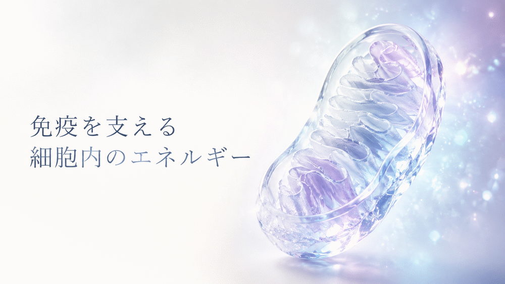 免疫細胞の働きを支えるミトコンドリアを青紫の透明感あるビジュアルで表現したヒーロー画像