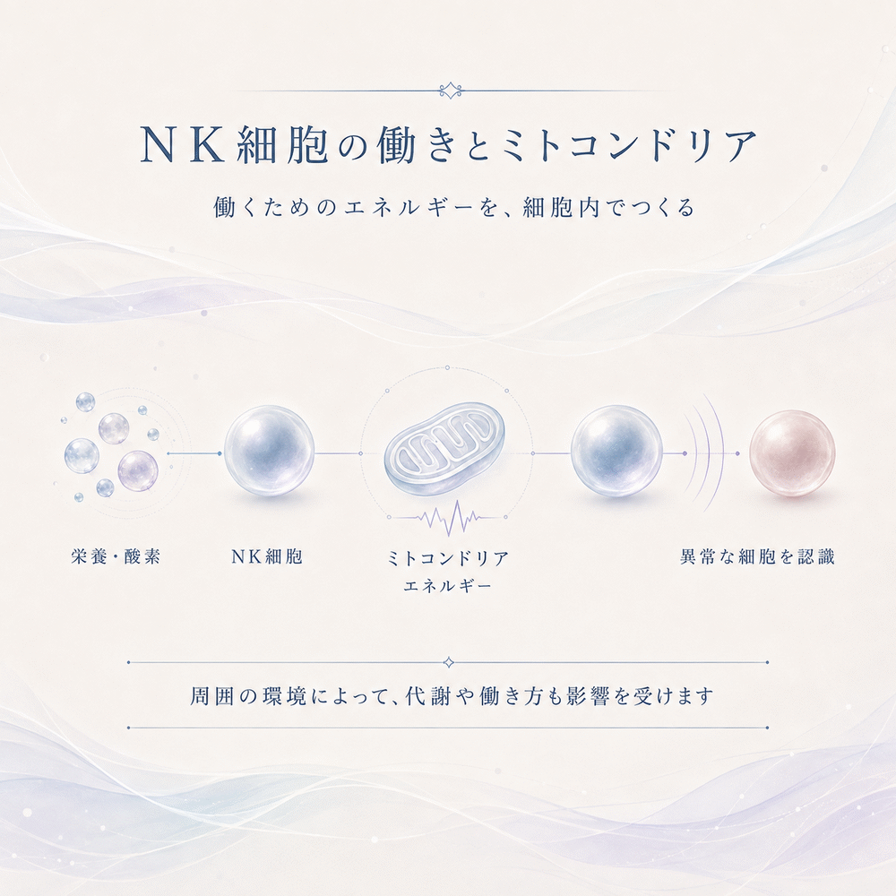 NK細胞が栄養や酸素をもとにエネルギーをつくり、異常な細胞を認識する流れを示した図解