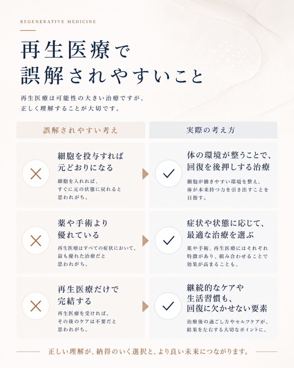 再生医療について誤解されやすい考えと、治療の限界や他の治療との関係を踏まえた実際の考え方を対比した図解