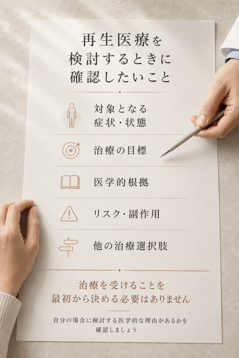 再生医療を検討するときに確認したい症状や治療目標、医学的根拠、リスク、他の治療選択肢を示した図解