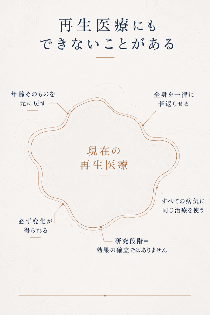 年齢の巻き戻しや全身の若返りなど現在の再生医療ではできないことを示した図解
