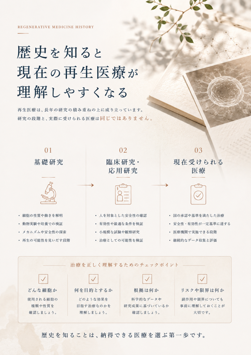 再生医療の基礎研究、臨床研究と現在受けられる医療を分けて考える重要性を整理した図解