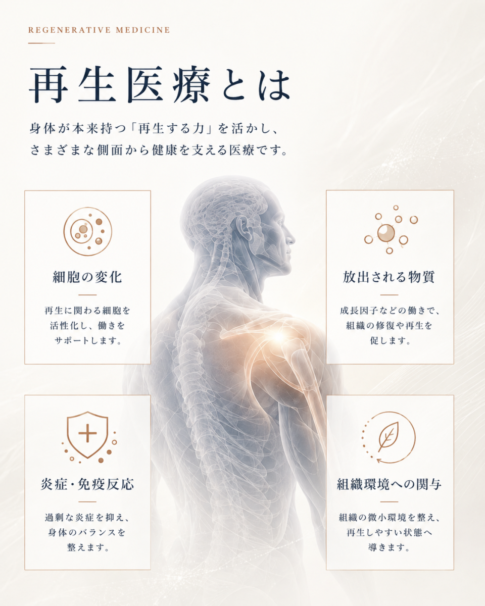 再生医療で研究されている細胞の変化、細胞から放出される物質、炎症や免疫反応、組織環境への関与を整理した図解