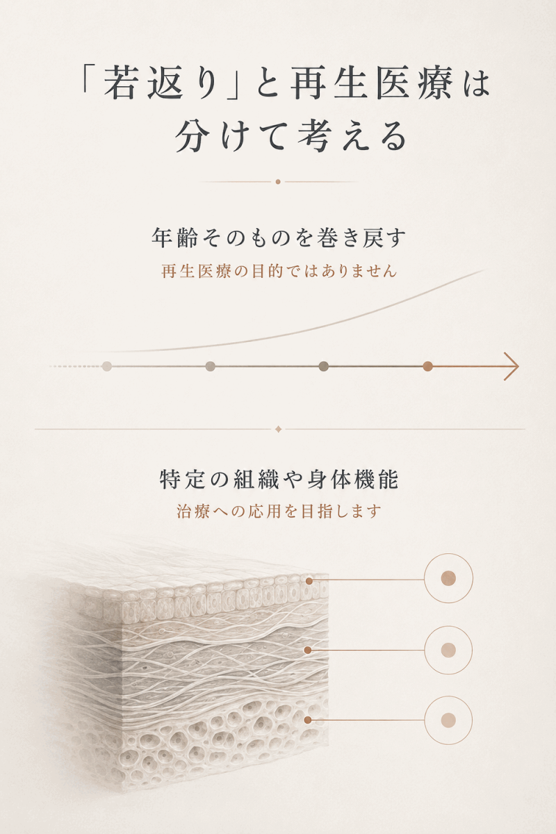 年齢を巻き戻す若返りと特定の組織や身体機能を治療対象とする再生医療の違いを示した図解