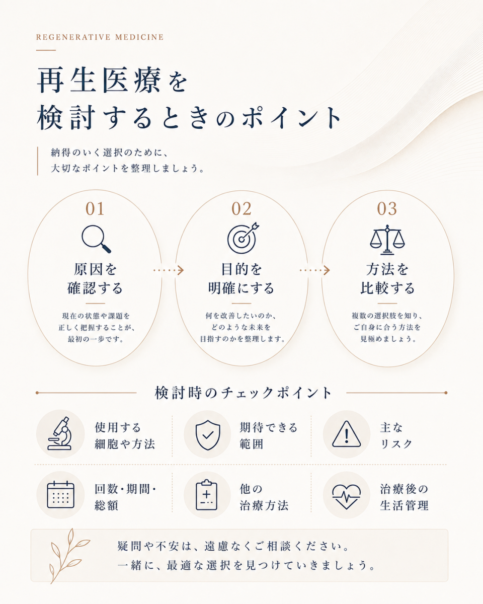 再生医療を検討するときに、症状の原因、治療目的、治療方法を整理し、細胞、根拠、リスク、費用などを確認するための図解