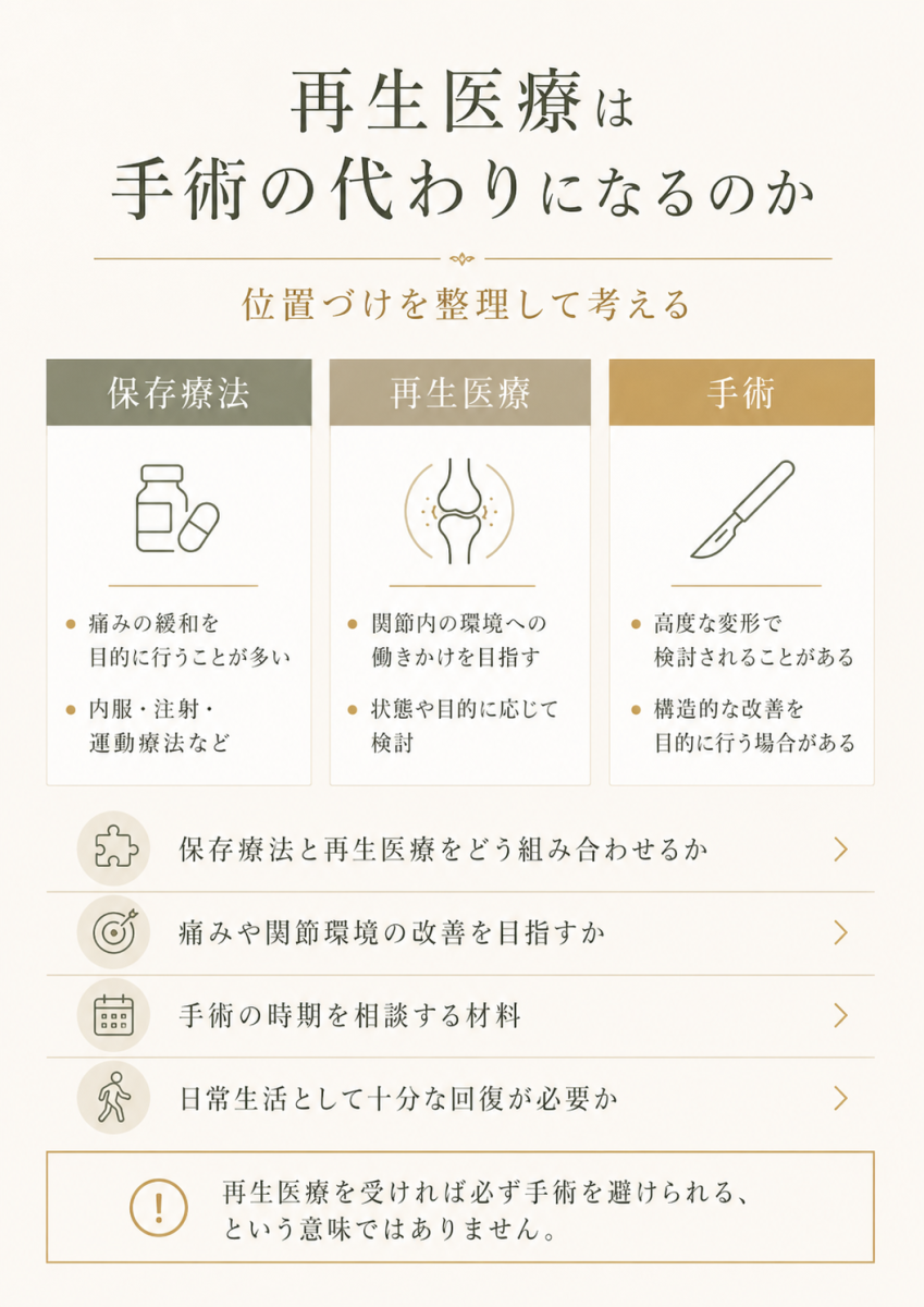 再生医療は手術の完全な代わりではなく、保存療法と手術の間で検討される選択肢であることを整理した図解