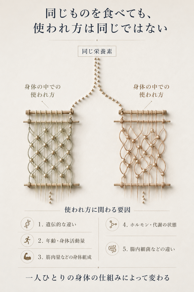同じ栄養素を取り入れても、遺伝や年齢、身体組成、代謝、腸内細菌などによって使われ方が異なることを示した図解