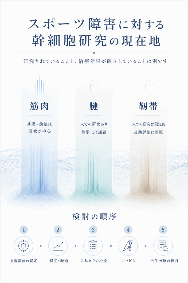 筋肉・腱・靭帯に対する幹細胞研究の現在地と治療を検討する順序を示した図解