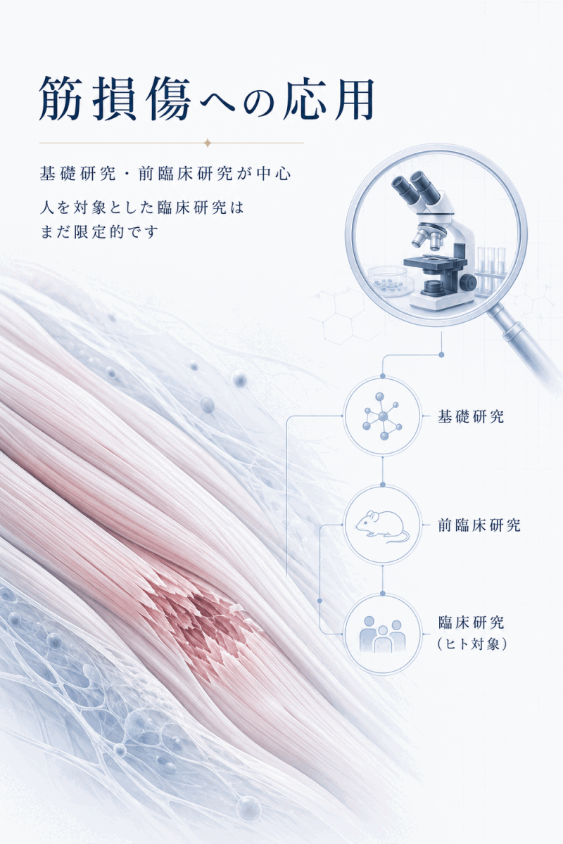 筋損傷への幹細胞の応用は基礎研究や前臨床研究が中心であることを示した図解
