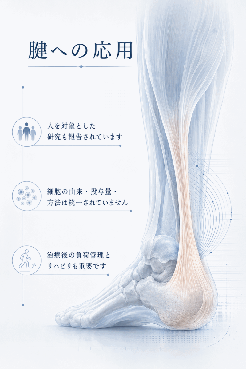 腱への幹細胞の応用研究と治療後の負荷管理やリハビリの重要性を示した図解