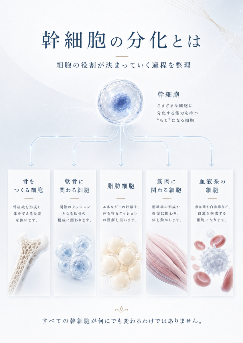 幹細胞の分化とは、役割が決まっていない細胞が骨、軟骨、脂肪、筋肉、血液系の細胞などへ変化していく過程であることを示した図解