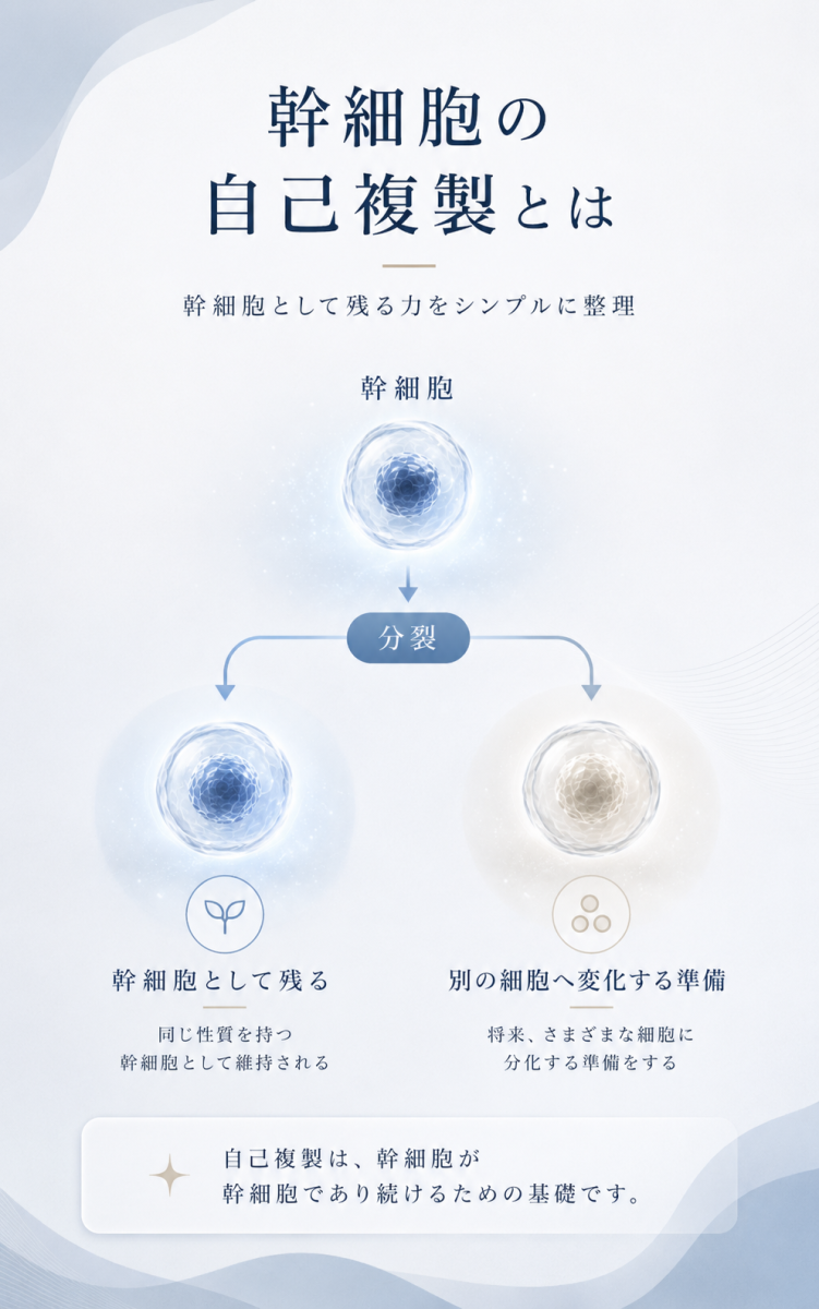 幹細胞の自己複製について、幹細胞として残る細胞と別の細胞へ変化する準備をする細胞に分かれる流れを示した図解