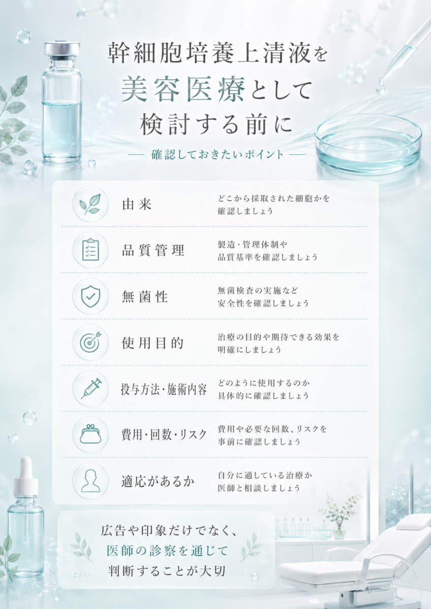 幹細胞培養上清液を美容医療として検討する前に、由来、品質管理、無菌性、使用目的、投与方法、費用、リスク、適応を確認したいことを整理した図解