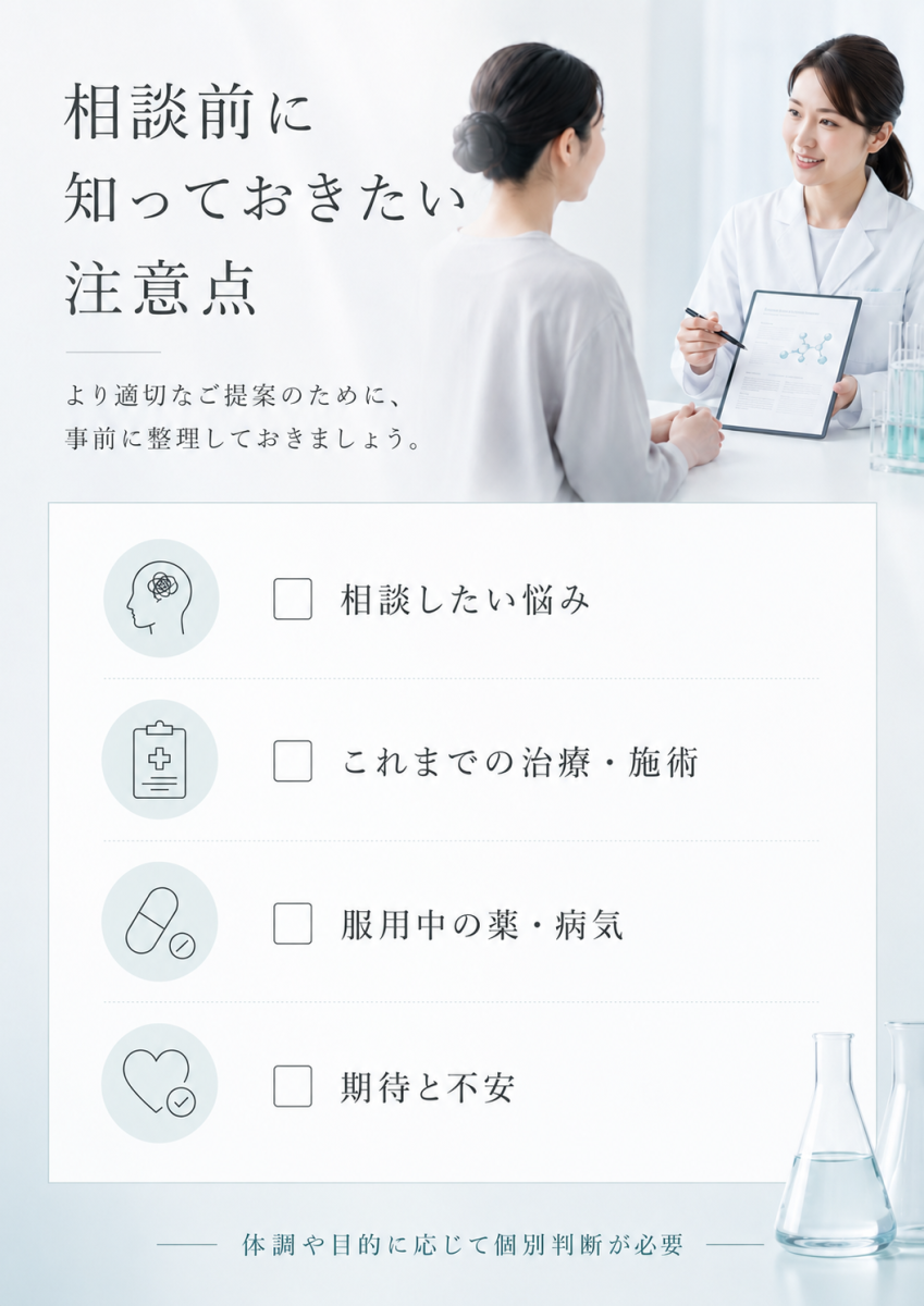 幹細胞培養上清液について相談する前に、悩み、治療歴、服用中の薬や病気、期待と不安を整理しておく大切さ