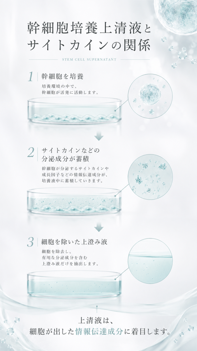 幹細胞培養上清液に含まれるサイトカインなどの分泌成分が、細胞が出した情報伝達成分として注目されることを示した図解