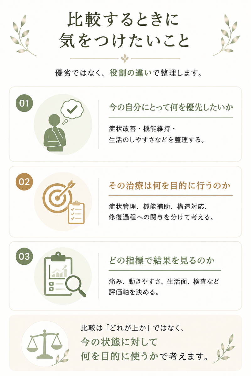 幹細胞治療と他治療を比較するときに、優劣ではなく優先したいこと、治療の目的、評価指標で整理する考え方を示した図解