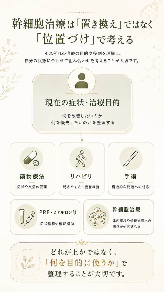 幹細胞治療を薬物療法、リハビリ、手術、PRP・ヒアルロン酸と置き換えではなく位置づけで考えることを示した図解