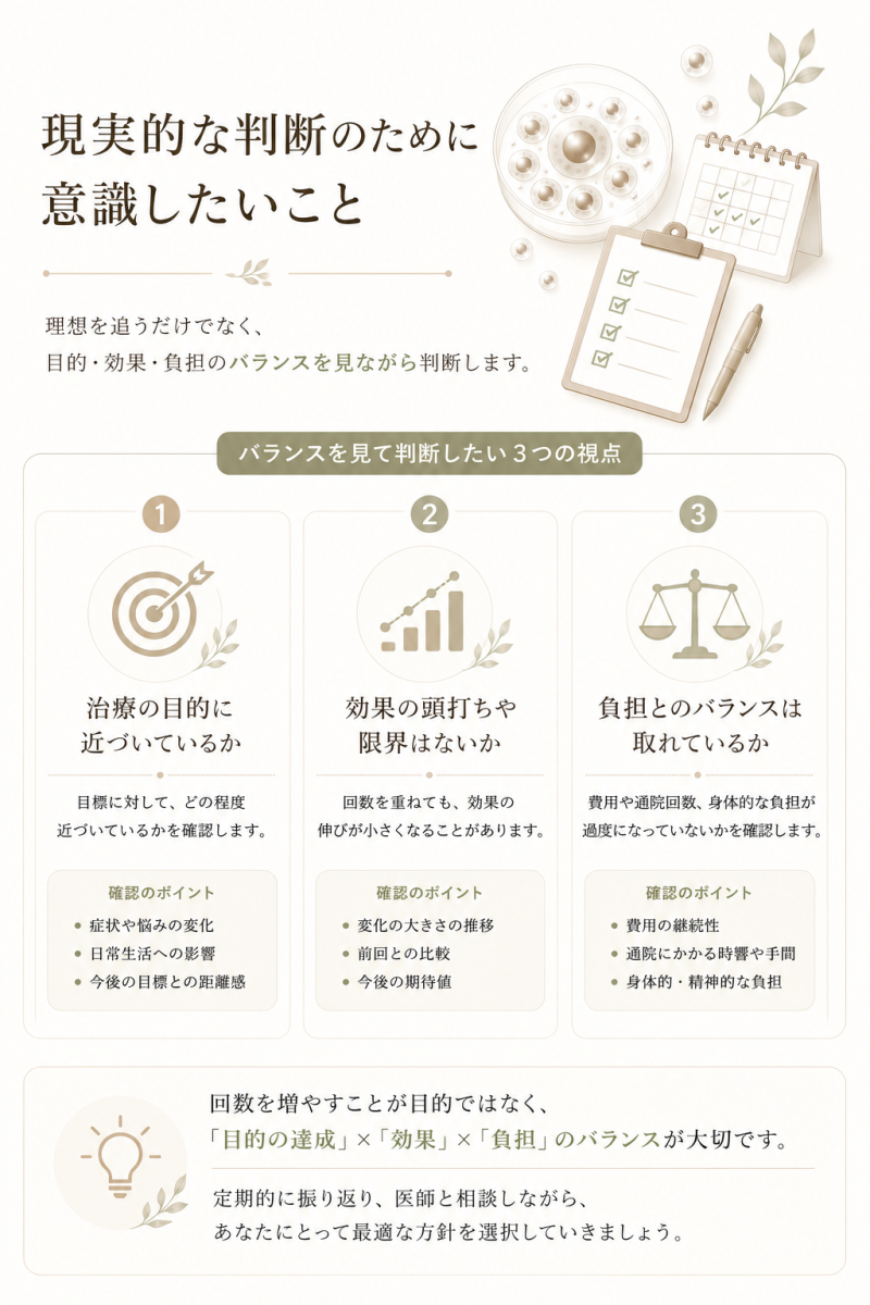 幹細胞治療の回数を最初に固定せず、目標共有、評価時点、1回目の経過、負担とのバランスをもとに医師と判断する流れを示した図解
