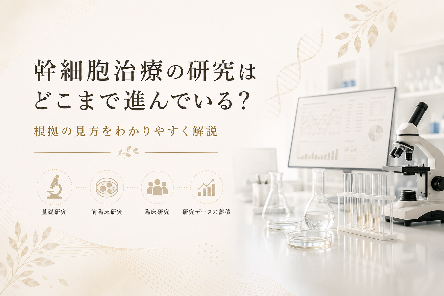 幹細胞治療の研究がどこまで進んでいるかを、ラボや研究設備のイメージとともにわかりやすく表現したヒーロー画像