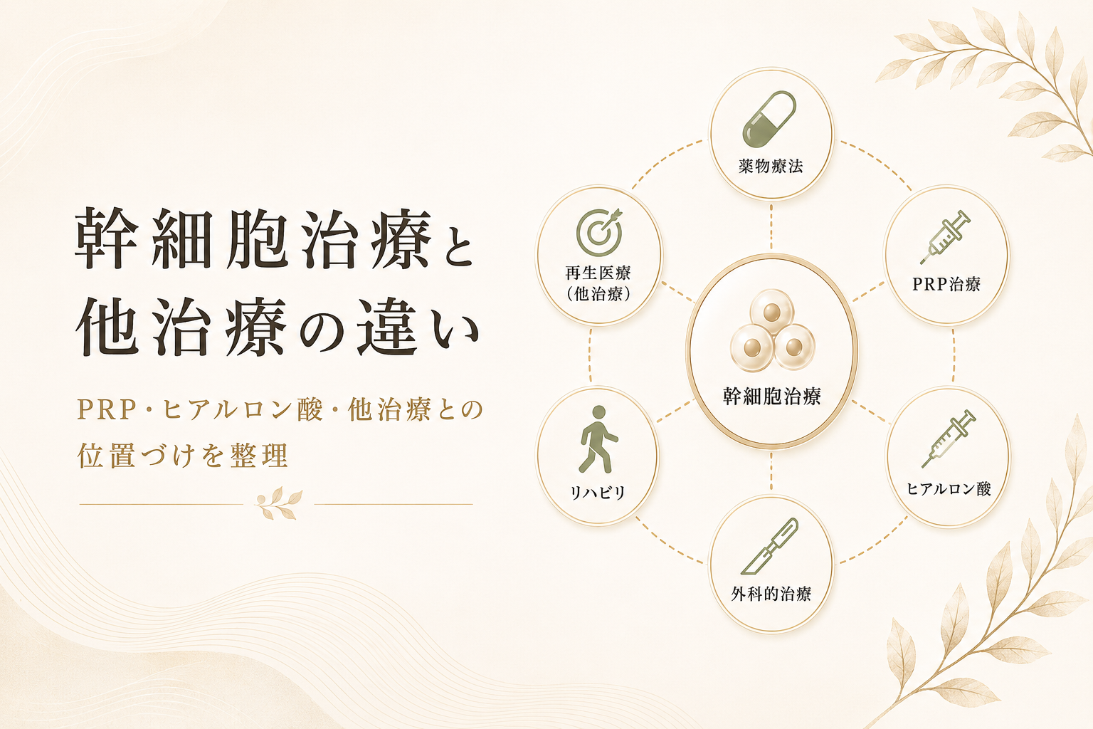 幹細胞治療とPRP、ヒアルロン酸、薬物療法、リハビリ、手術など他治療との違いや位置づけを整理した記事のヒーロー画像