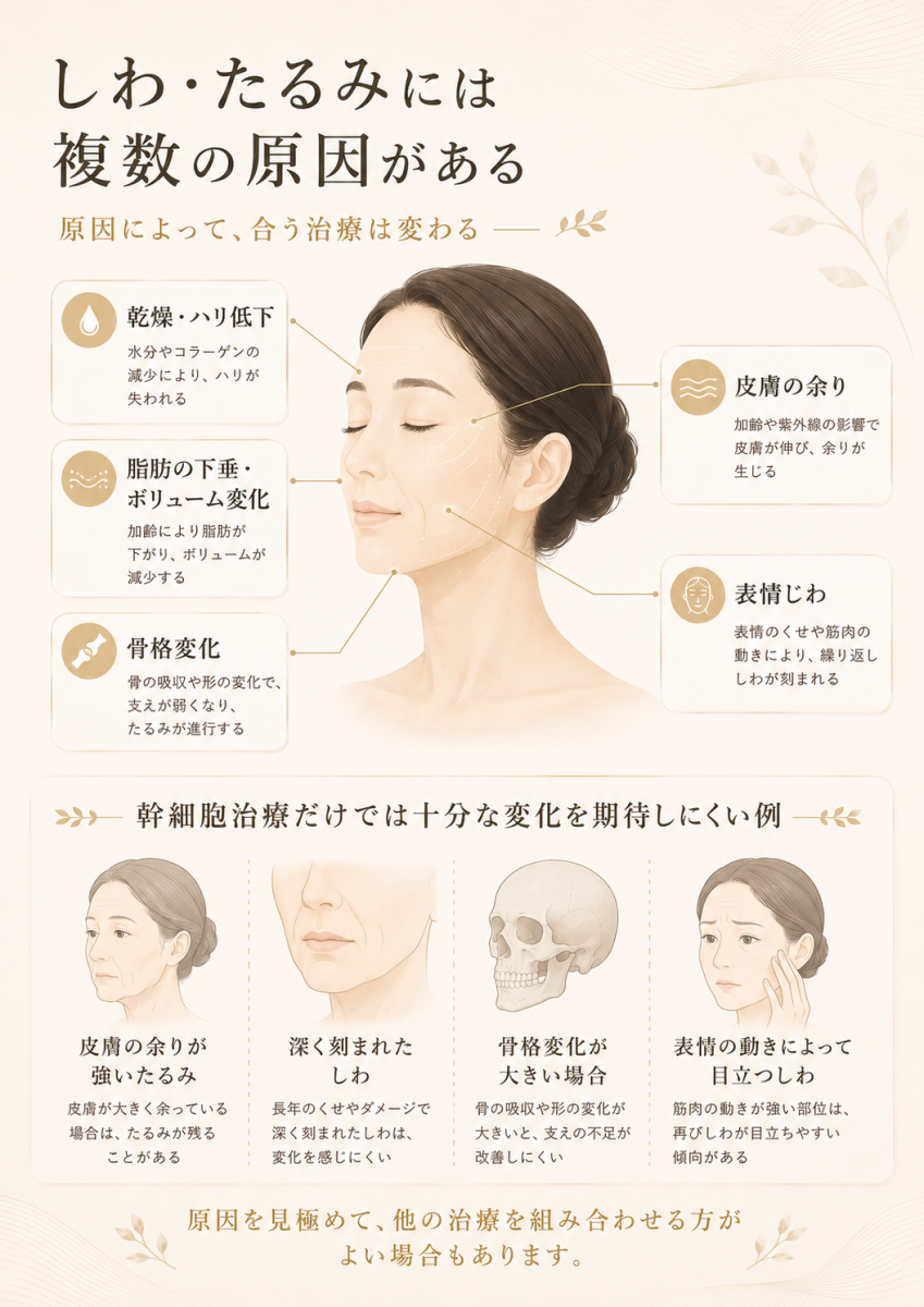 しわやたるみには乾燥、脂肪の下垂、骨格変化、皮膚の余り、表情じわなど複数の原因があり、原因に応じて治療を検討することを示した図解