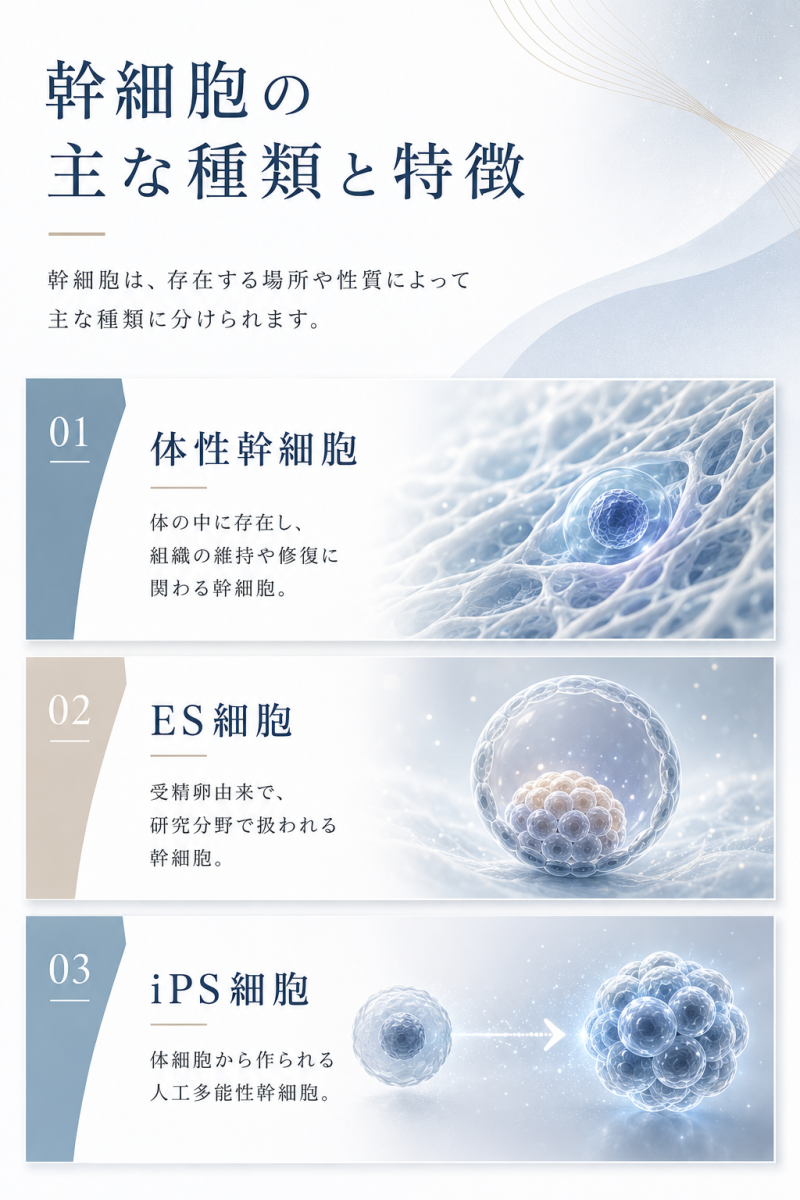 体性幹細胞、ES細胞、iPS細胞の主な種類と特徴をわかりやすく整理した図解