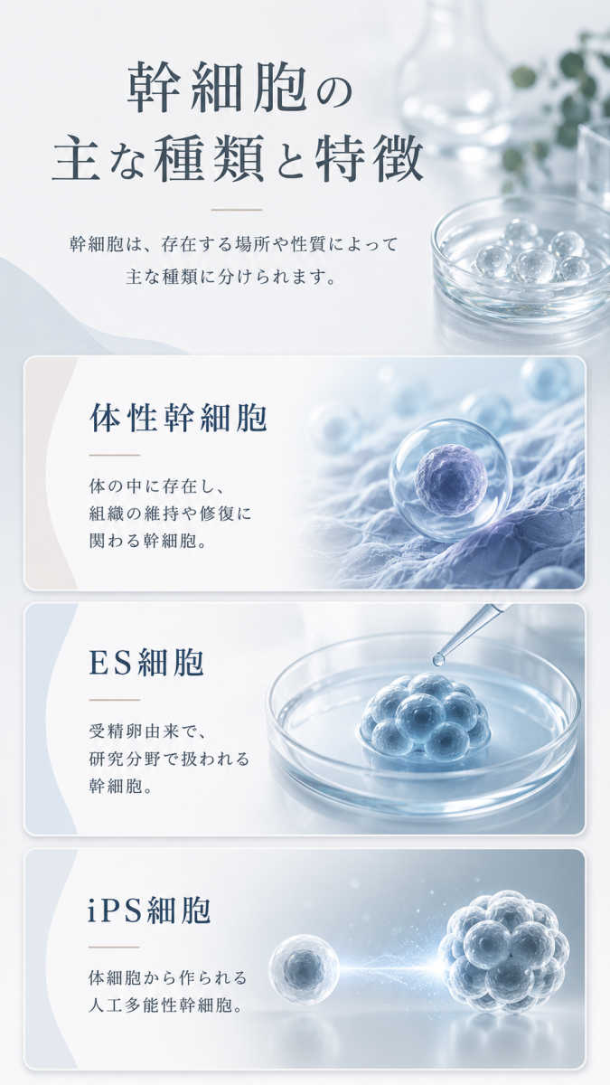 体性幹細胞、ES細胞、iPS細胞の主な種類と特徴をわかりやすく整理した図解