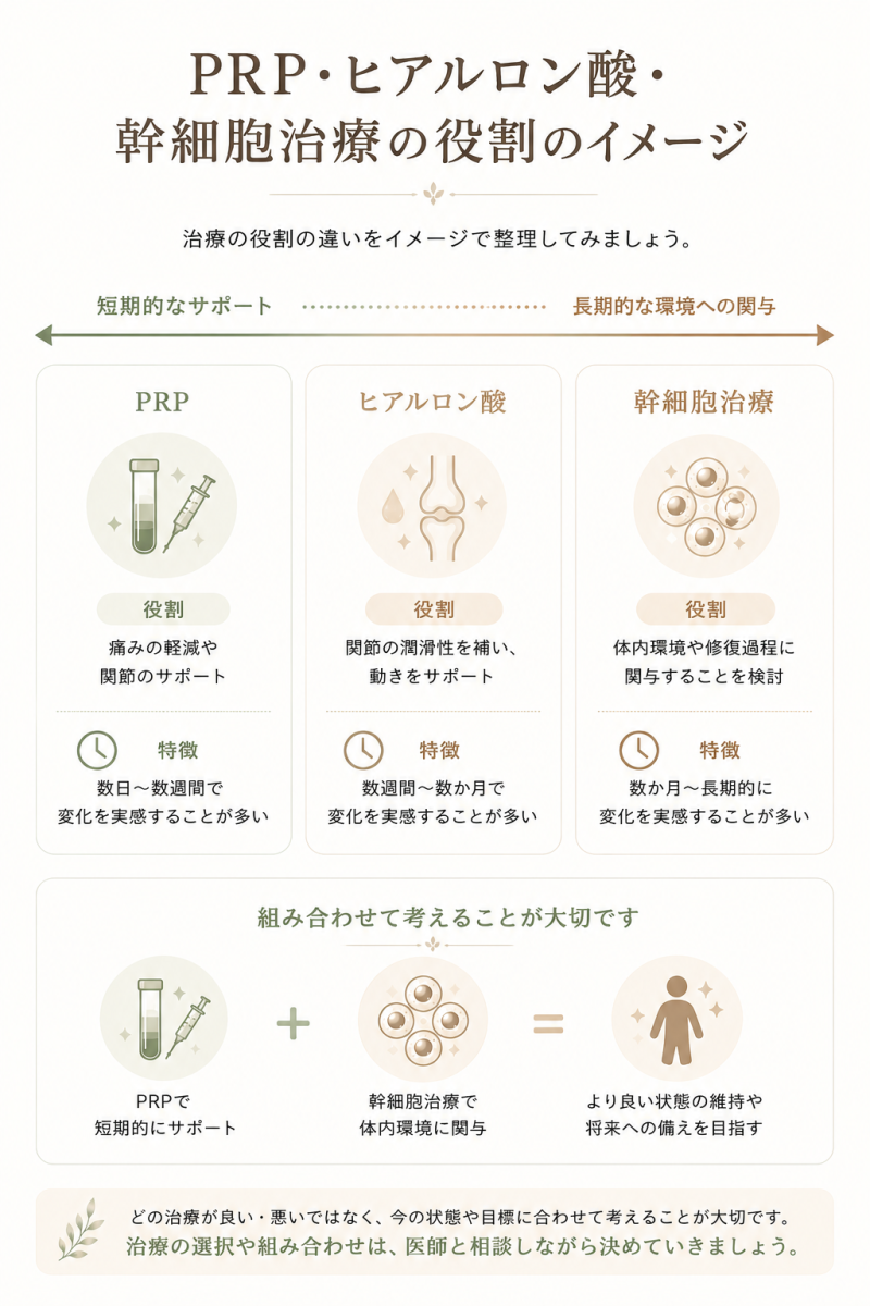 PRP、ヒアルロン酸、幹細胞治療の違いを目的や位置づけで整理した図解