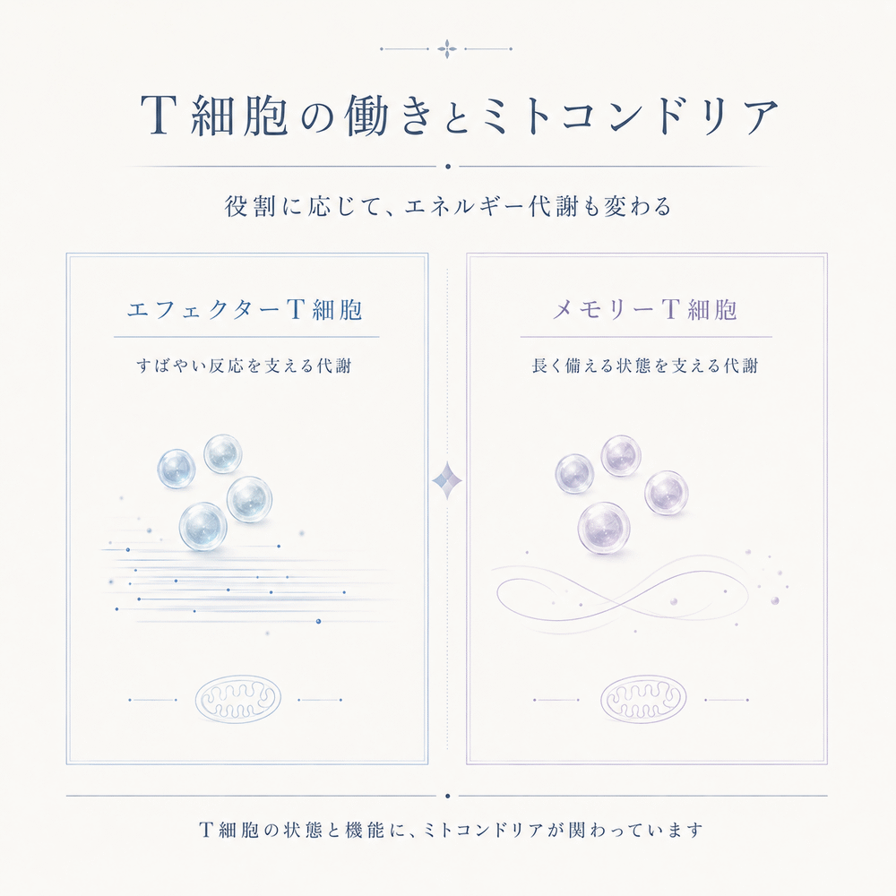 エフェクターT細胞とメモリーT細胞でエネルギー代謝の特徴が異なることを比較した図解
