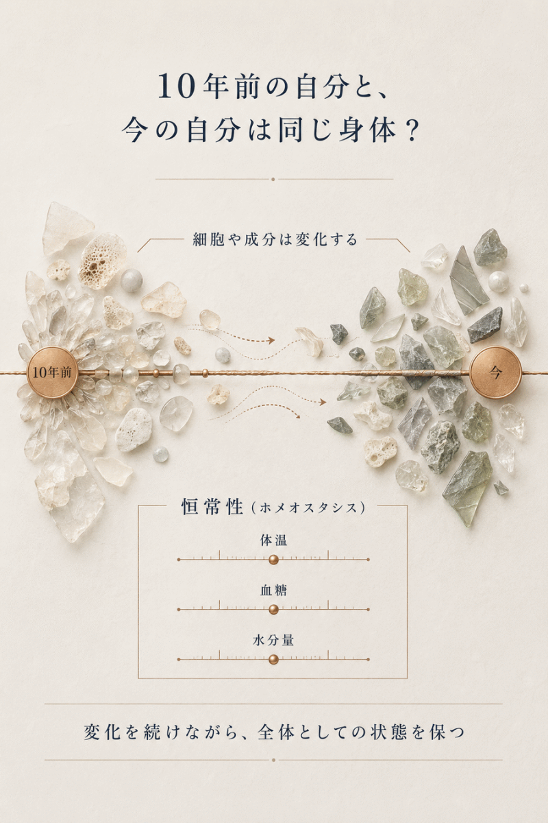 細胞や成分が変化しても、恒常性によって身体全体の状態が保たれることを示した図解