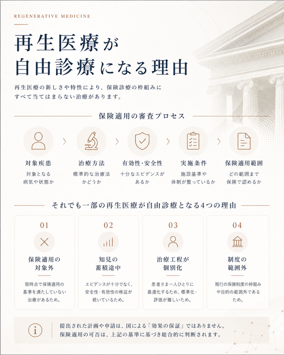 再生医療の保険適用に必要な審査の流れと、一部の治療が自由診療として提供される理由を整理した図解